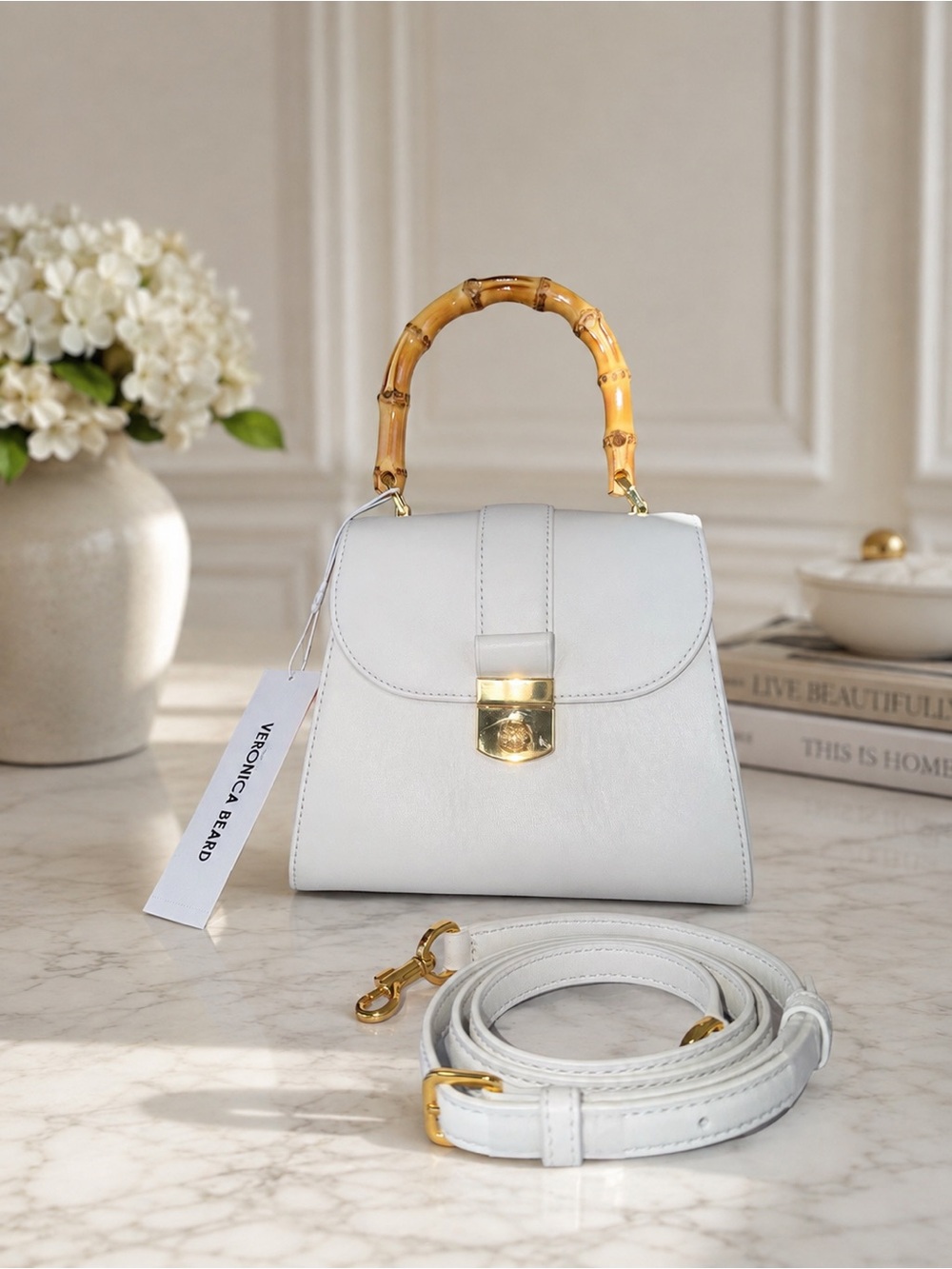 Veronica Beard White Leather Bag with Bamboo Top Handle - NWT - Sold out🤍